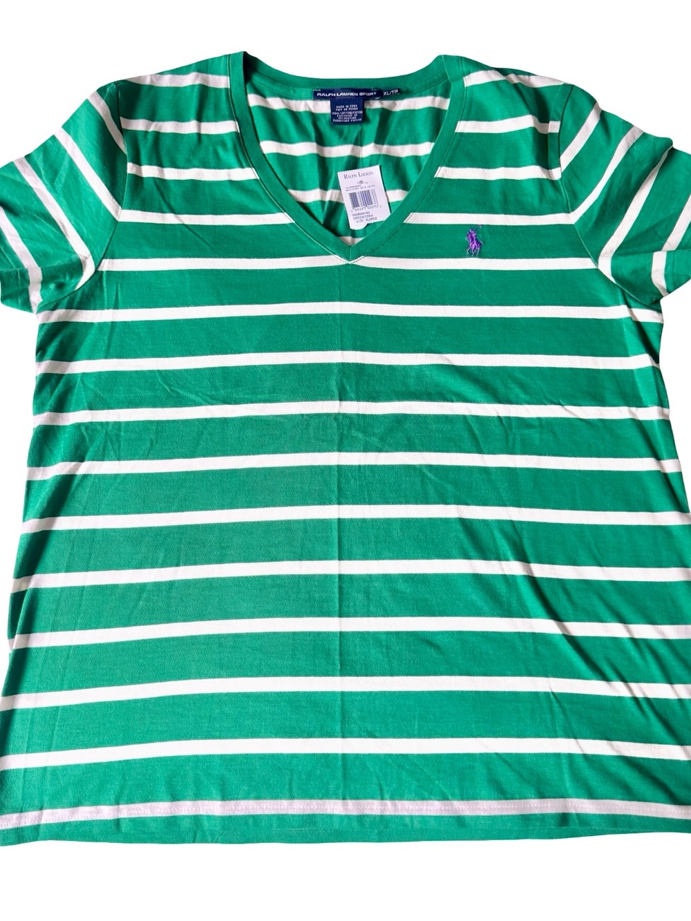NWT Ralph Lauren Sport Women’s Green/White Striped V-Neck Cotton T-Shirt Size XL